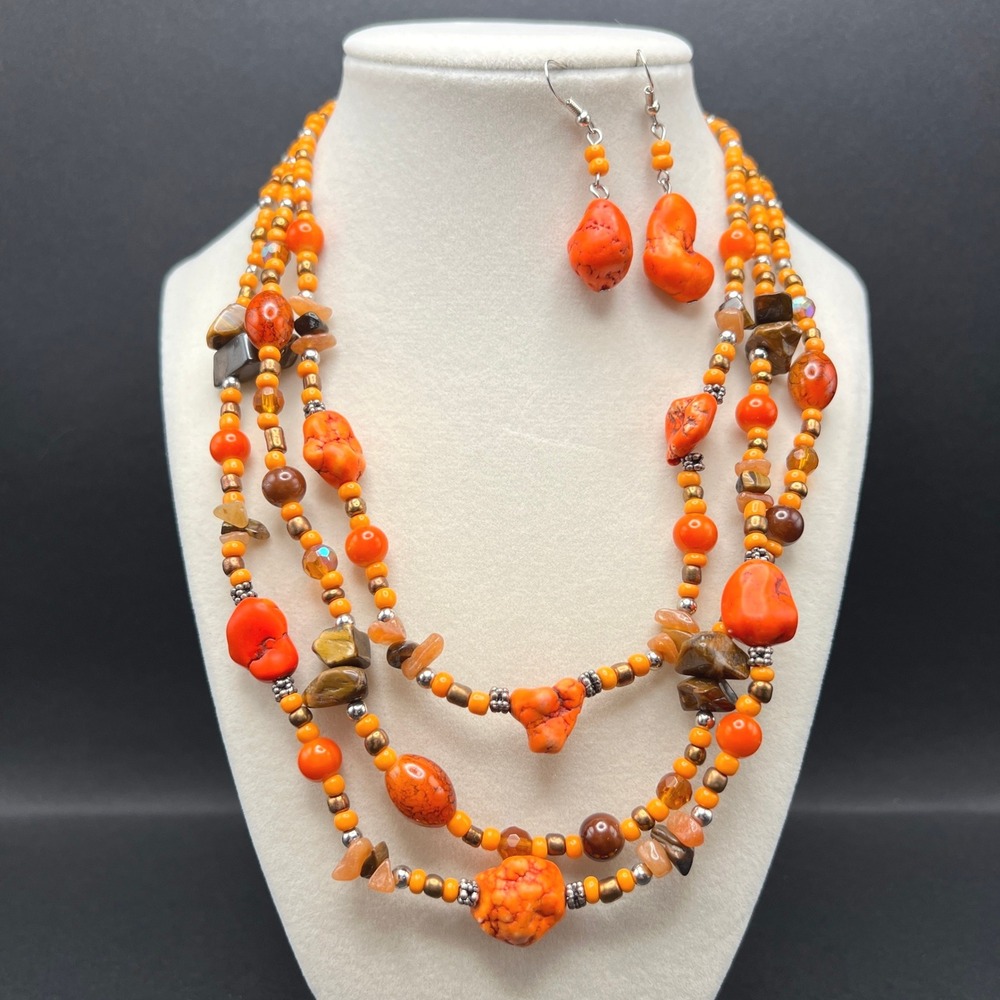 Bright Multi Strand Orange Howlite Necklace Earrings Set Tigers Eye Layered Boho